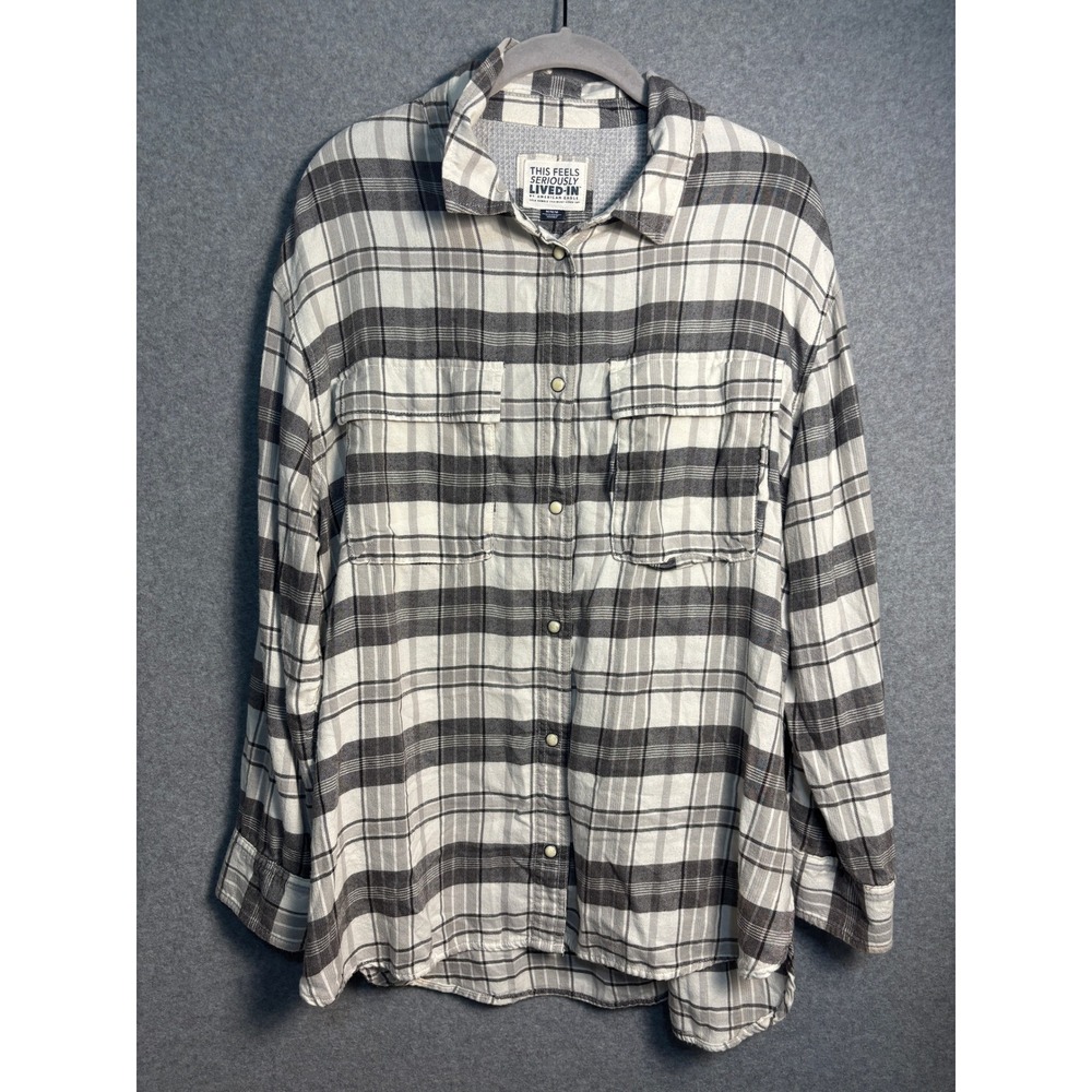 American Eagle‎ Seriously Lived In Plaid Pearl Snap Shirt Women Medium Grunge